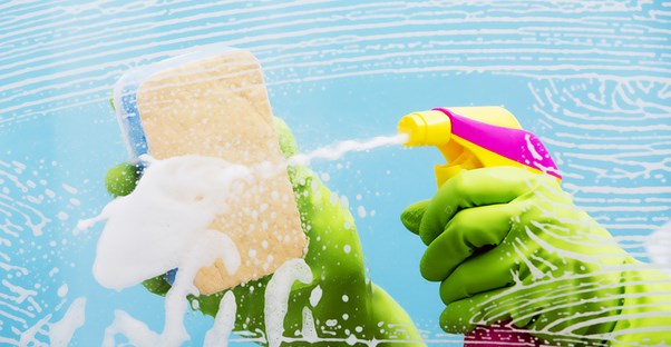 Someone sprays a sponge to clean glass