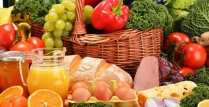 Fruits and vegetables are displayed together