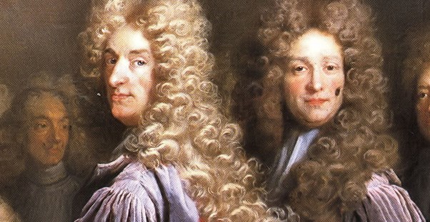 a painting of men wearing wigs before women did.
