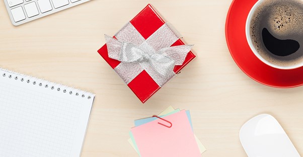 An employee recognition gift sitting on a desk