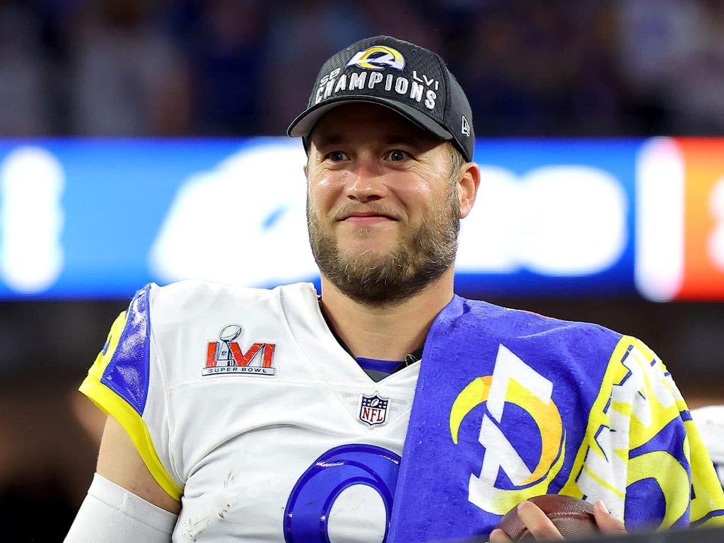 Matthew Stafford smiles after celebrating winning Super Bowl LVI in 2022.