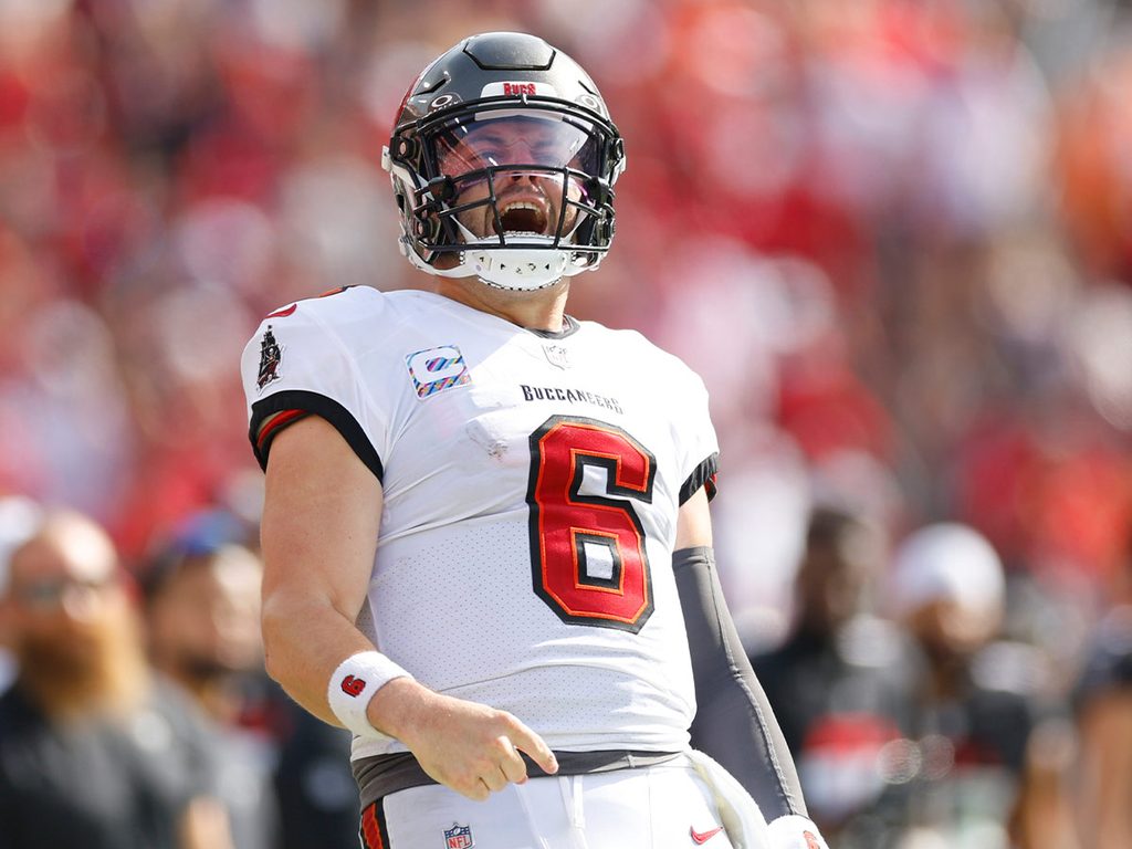 Baker Mayfield yells after a play during a Buccaneers game.