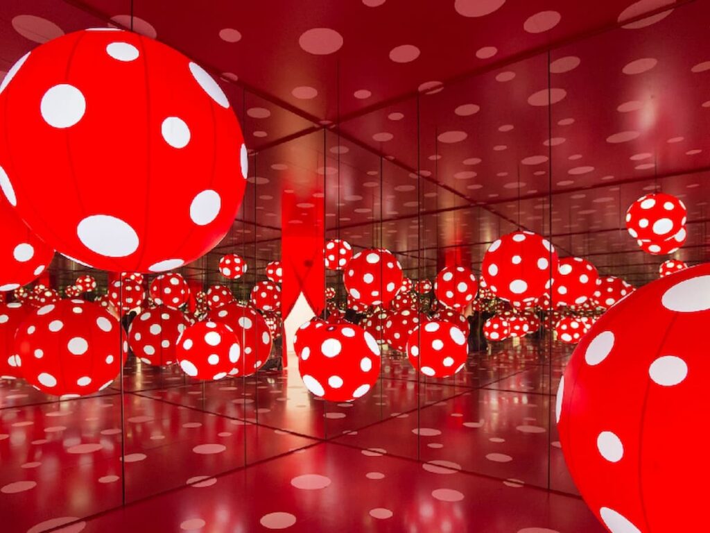 One of Yayoi Kusama's polka dot installation mirror rooms titled "Dots Obsession."