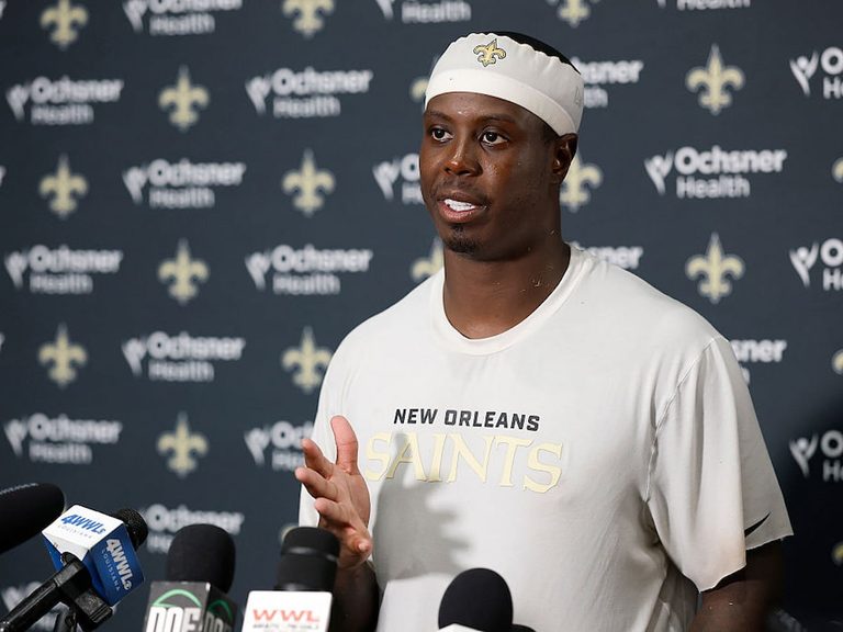 Travis Etienne, Jr. for the New Orleans Saints speaking at a press conference.