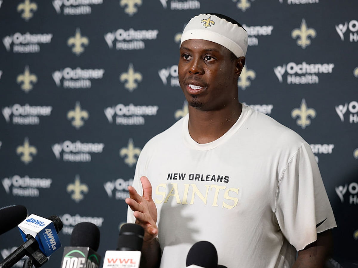 Travis Etienne, Jr. for the New Orleans Saints speaking at a press conference.