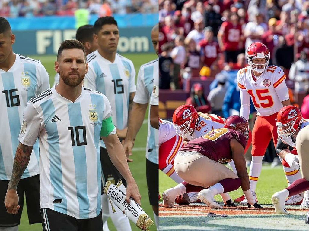 A collage of Messi and team Argentina walking the field and the Kansas City Chiefs offensive line about to run a play.