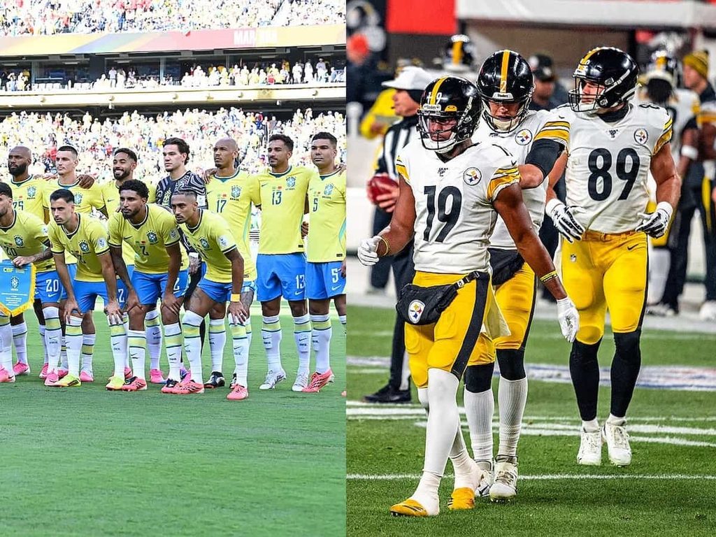 A collage of the Brazilian national soccer team before a World Cup game and the Pittsburgh Steelers lining up for a play.