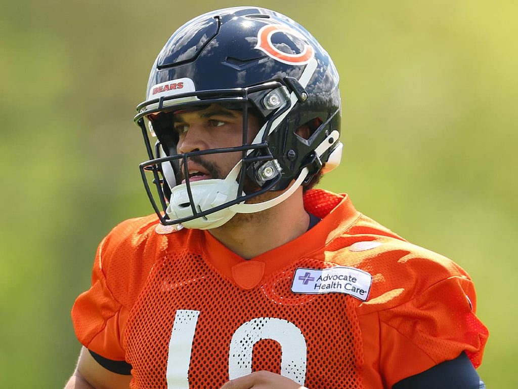 Chicago Bears quarterback Caleb Williams during a practice session.