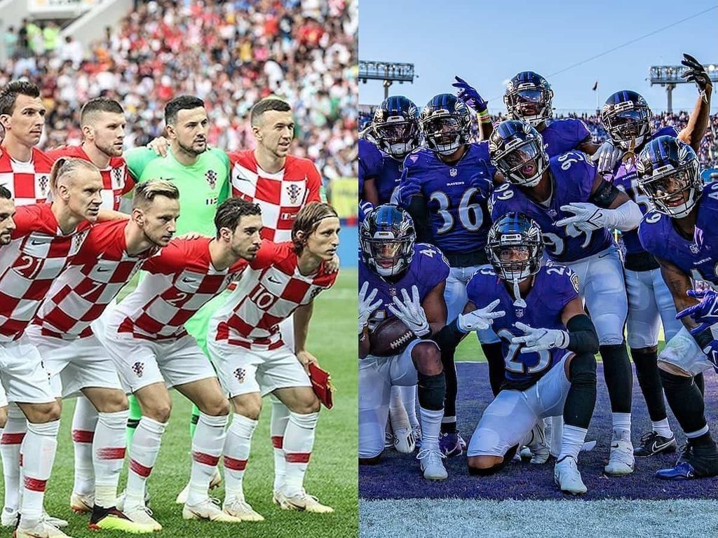 A collage of the Croatia national soccer team and the Baltimore Ravens posing after a touchdown.
