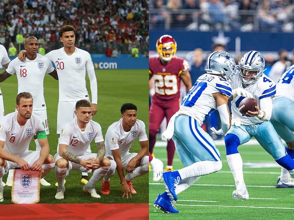 A collage of England's World Cup team before a game and the Dallas Cowboys in the middle of a play during a game.