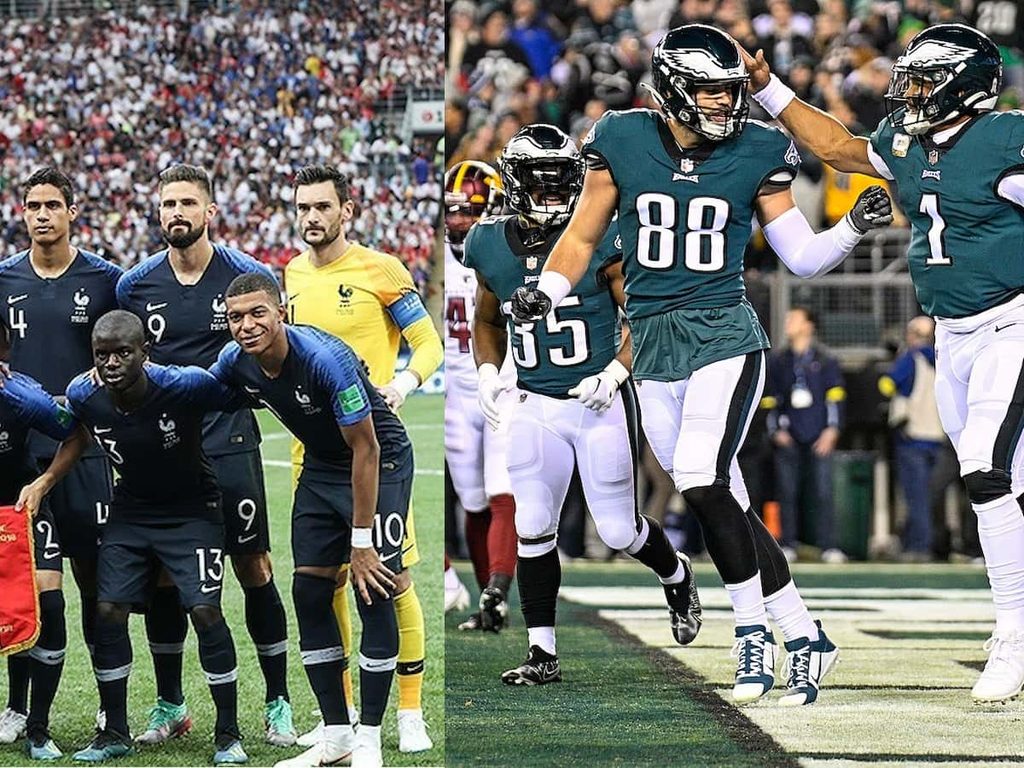 A collage of the French World Cup team and Philadelphia Eagles players celebrating a touchdown.