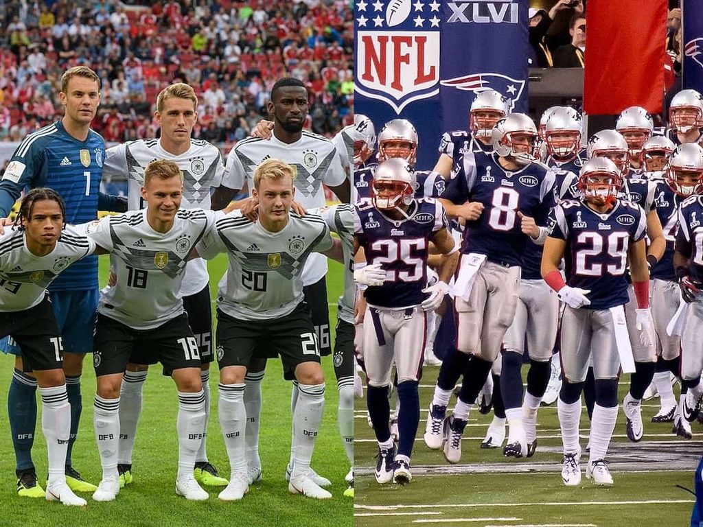 A collage of the German national soccer team before a game and the New England Patriots running out onto the field.
