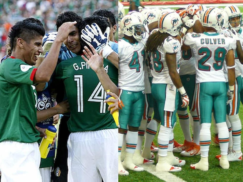 A collage of members of the Mexico national team celebrating a goal and the Miami Dolphins huddling in a group.