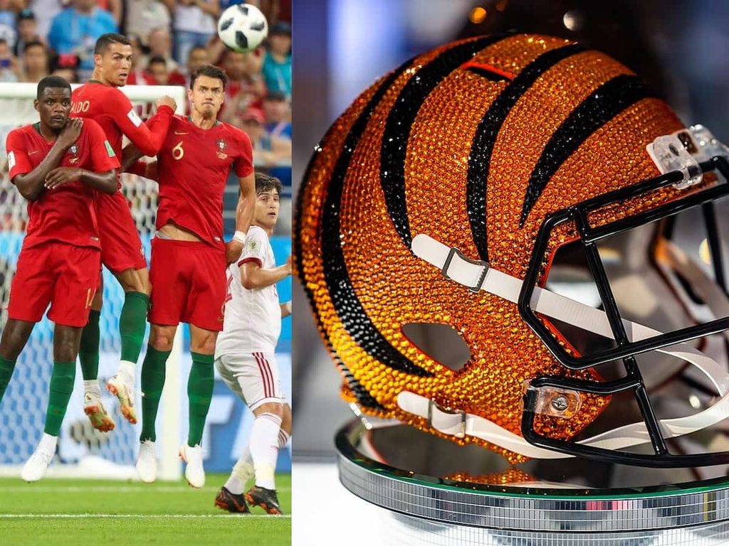 A collage of members of the Portugal national soccer team trying to head a ball and a bedazzled Bengals helmet.