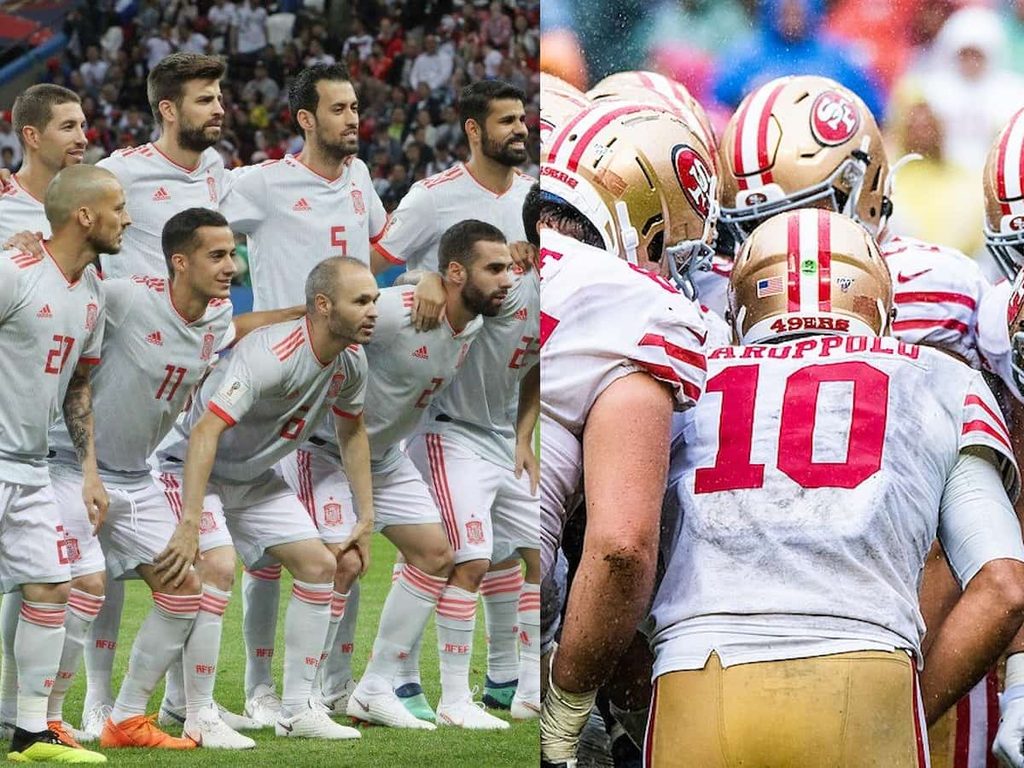 A collage of the Spain national soccer team and the San Francisco 49ers in a huddle.