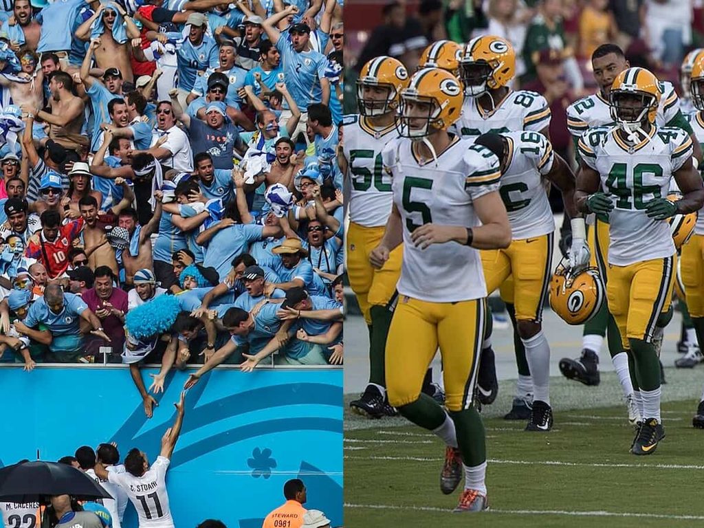 A collage of the Uruguay national soccer team celebrating with fans in the stands and the Green Bay Packers running onto the field.