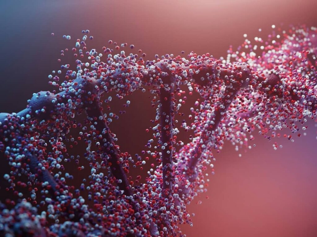 A DNA double helix structure composed of red and white particles against a gradient.