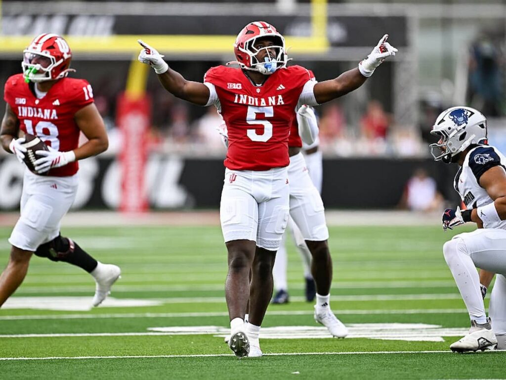 Linebacker Rolijah Hardy celebrates defending a blocked pass for the Indiana Hoosiers.
