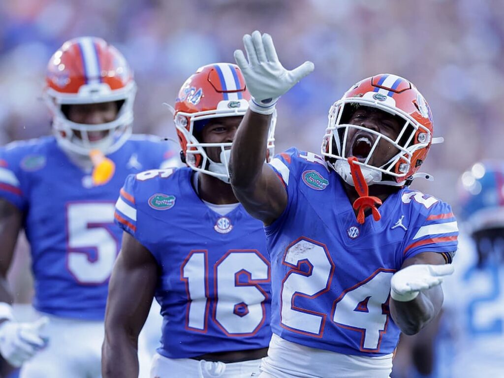 Florida running back London Montgomery celebrates making a play during a game.