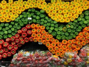 Bell peppers displayed at a grocery store that are not recalled.