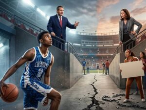 A college basketball player, protestors, and two opposing senators occupy both sides of the image symbolizing the debate between both sides of this issue.