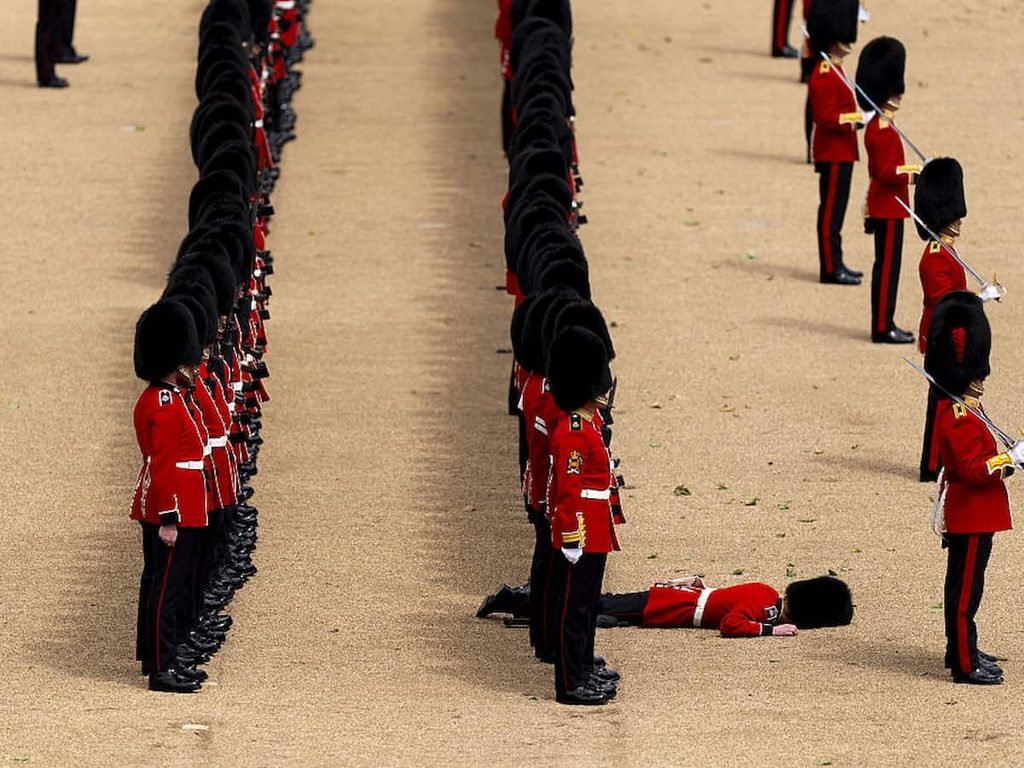 A member of the Household Cavalry faints during the Brigade Major's Review at Horse Guards Parade, London in 2025.