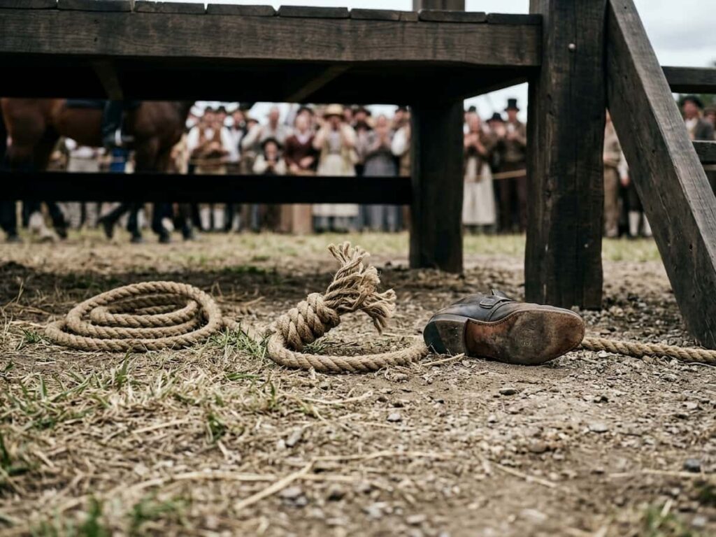 An illustration of a snapped rope representing the story of Joseph Samuel’s failed execution by hanging.
