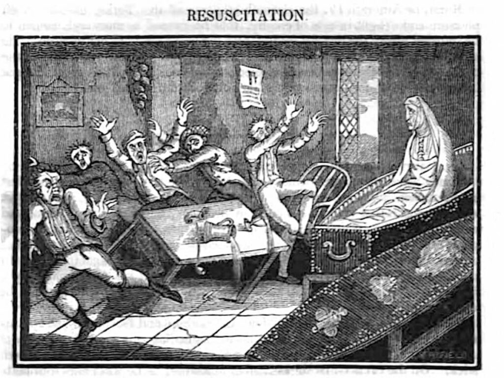 An 1825 artistic interpretation of the story of Maggie Dickson.