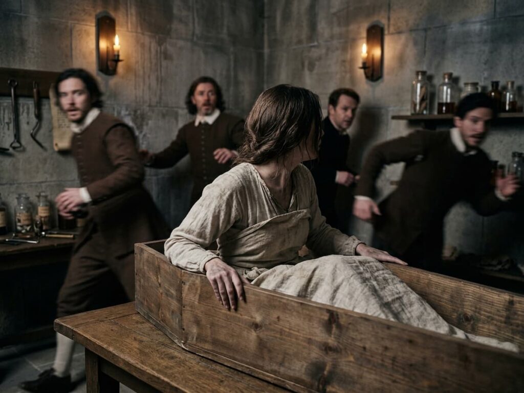 An illustration representing the story of Anne Greene’s failed execution by hanging.