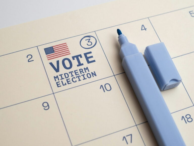 A light blue marker on a calendar page marked for midterm election voting.