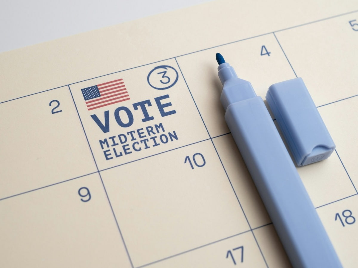 A light blue marker on a calendar page marked for midterm election voting.