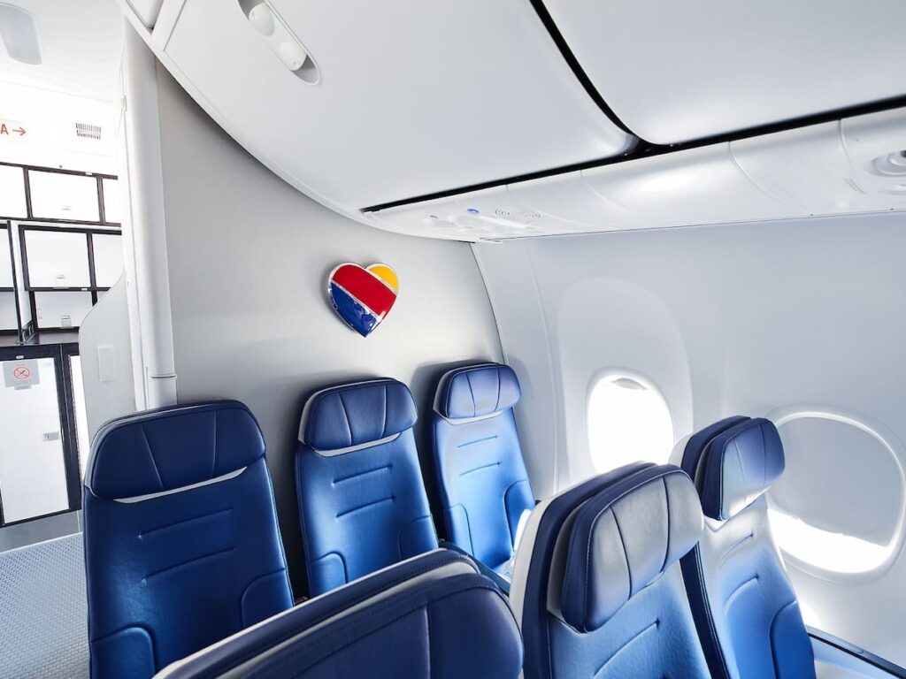 A shiny new interior of a Southwest Airlines plane.